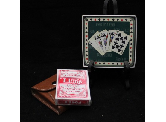 Poker Cards With Leather Case & 4 Poker Drink Coasters Never Used ( 105)
