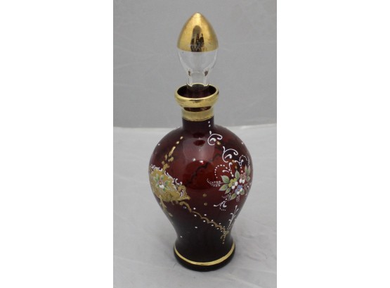 Vintage Cranberry Glass Perfume Bottle Hand Painted Floral/Gold Design (106)
