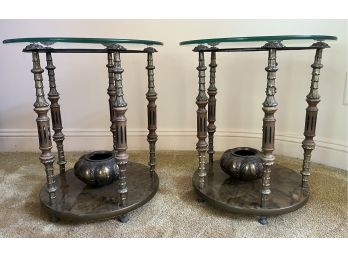 Metal Brass-tone Glass Top End Tables - 2 Total