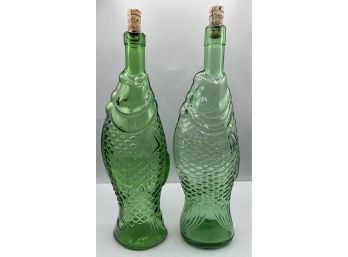 Green Glass Fish Shaped Decanters - 2 Total