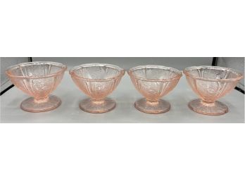 Pink Depression Glass Cherry Blossom Pattern Footed Sorbet Cups - 7 Total