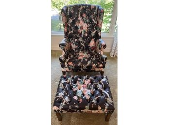 Vintage Floral Pattern Cushioned Tufted Wingback Chair With Ottoman