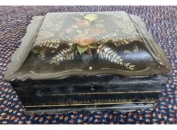 Antique Hand Painted Wooden Mother Of Pearl Inlay Jewelry Box