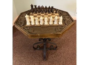 Wrought Iron Plastic Top Chess Board With Assorted Chess Pieces
