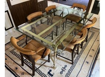 Mid-century Polished Brass & Chrome Glass-top Dining Table With 8 Cushioned Wooden Chairs