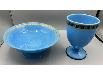 Vintage Cambridge Azurite Blue Milk Glass Compote Bowl Set - 2 Total