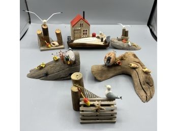Handcrafted Nautical Scenery Wooden Figurines - 6 Total