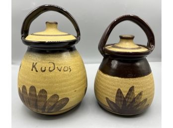 Hand Painted Terracotta Lidded Jars With Handles - 2 Total