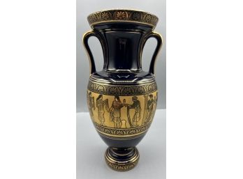 I. Spyropoulas Cobalt Blue 24K Gold Ceramic Amphora Vase - Hand Made In Greece