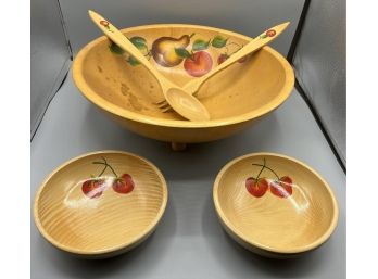 Hand Painted Wooden Serving Bowl With Serving Utensils And 2 Small Bowls
