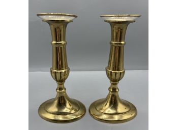 Solid Brass Candlesticks With Glass Wax Catcher Plates - 2 Total