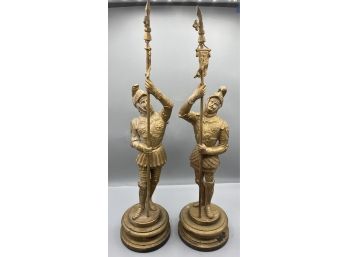 Metal Medieval Knight Statues On Wood Base - 2 Total
