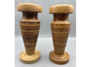 Handcrafted Wooden Candlestick Holders - 2 Total