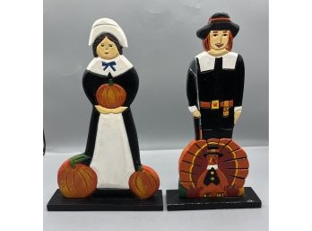 New Creative Enterprises Inc Hand Painted Wooden Thanksgiving Pilgrim Figurine Decor - 2 Total