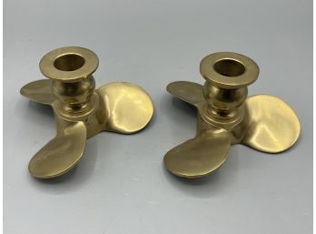 Solid Brass Propeller Shaped Candlestick Holders - 2 Total - Made In Taiwan