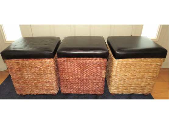 Storage Seat With Faux Leather Top & Wicker Bottom - Set Of 3