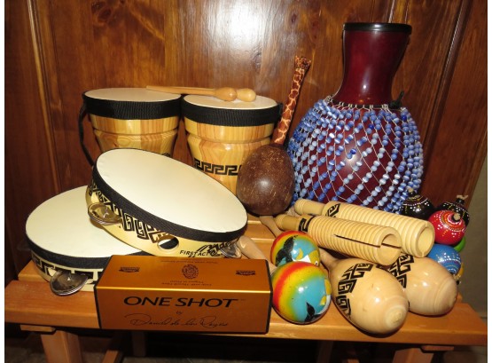 Musical Instruments - Assorted Lot Of Bongos, Maracas, Tambourines, Percussion Jug - Lot Of 14