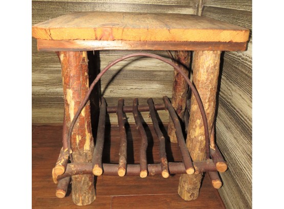 Rustic Wooden Log Accent Table With Lower Shelf