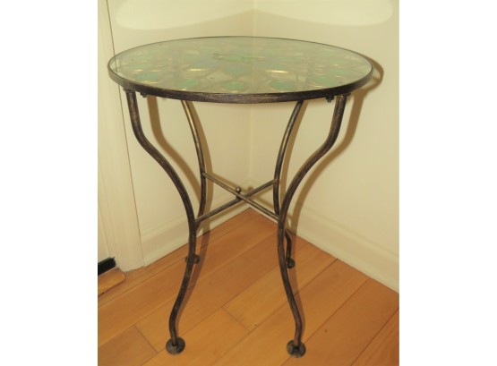 Metal Round Peacock Design Glass Top Accent Table