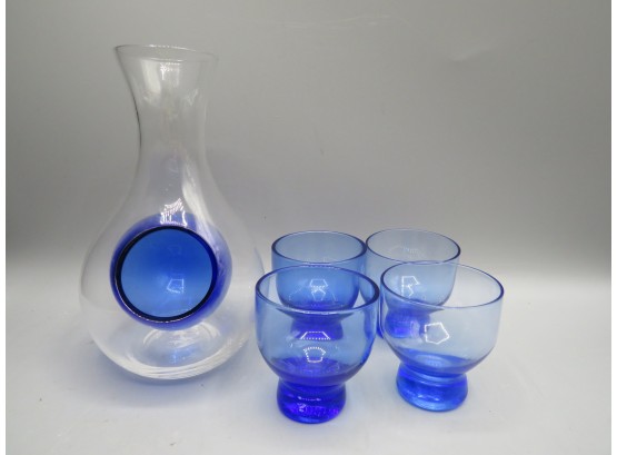 Blue Glass Saki Set - Server & 4 Cups - Lot Of 5