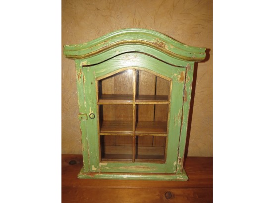 Distressed Green Wood Display Box With Door & Shelves