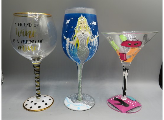 Lolita 'snow Princess', Lolita  'shopaholic Too' & 'A Friend Of Wine...' Painted Wine Glasses - Lot Of 3