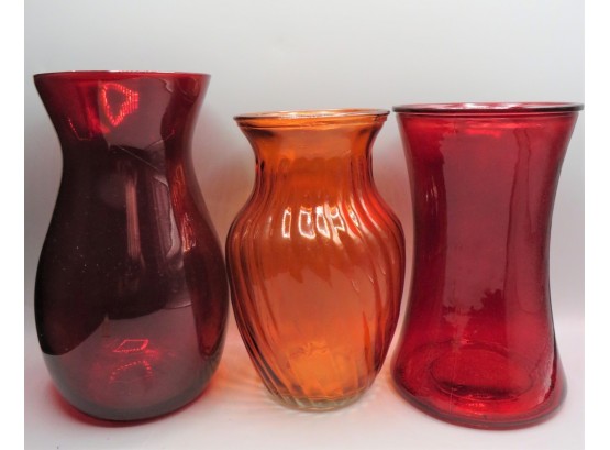 Red & Orange Glass Vases - Lot Of 3