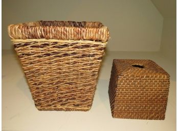 Woven Tissue Box Cover & Waste Basket - Set Of 2