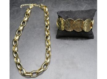 Gold Tone Chain Link Necklace With Stretch Bracelet - Lot Of 2