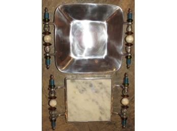 Macari Vineyards Southwest  Beaded Square Handled Tray & Handled Marble Cheese Board- Set Of 2