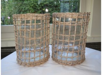 Glass Vases With Woven Holders - Set Of 2