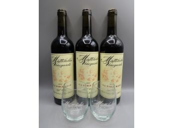 Mattebella Vineyards Old World Blend (3) Bottles Of Red Wine With 12 Stemless Wine Glasses