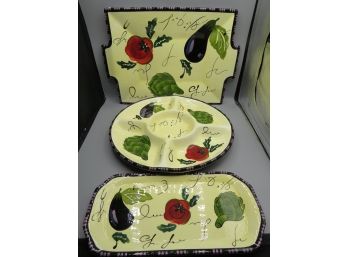 BIA Hand Painted Chip & Dip Bowl, Handled Platter & Octagon Platter - Lot Of 3