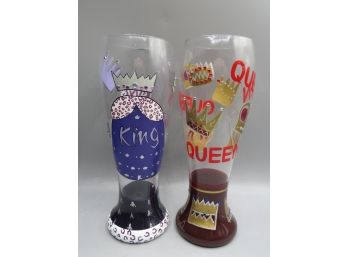 Lolita Painted 'king Too' & 'queen' Beer Glasses - Lot Of 2