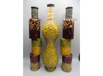 Glass Bottles Filled With Olives, Beans, Corn - Lot Of 3