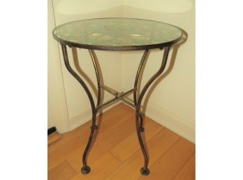 Metal Round Peacock Design Glass Top Accent Table