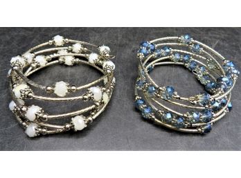 Blue & White Silver-tone Beaded Wrap Bracelets - Lot Of 2