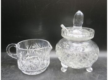 Glass Sugar Bowl With Lid & Spoon, Creamer - Lot Of 3