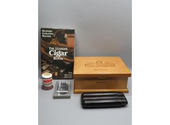 Nat Sherman Cigar Box, Cigar Cutters, Book & Cigar Case Holder - Lot Of 7