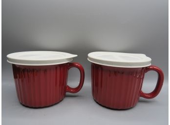 Corning Ware Colours Red Stoneware Mugs With Plastic Lids - Set Of 2