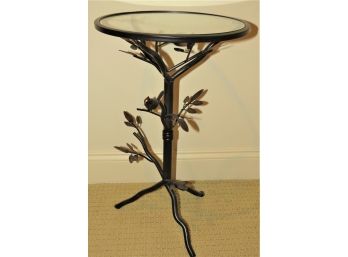 Round Metal Accent Table With Glass Top & With Tree Branch & Bird Base