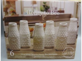 White Ceramic Honey Bee Milk Bottles CG Life Style By Circle Ware 10 Oz.  - Set Of 6 - In Box