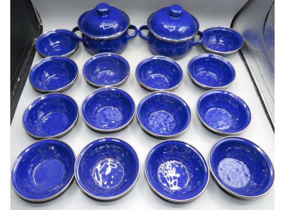 The Golden Rabbit Blue Enamelware - 2 Pots With Lids & 14 Small Bowls - Lot Of 16