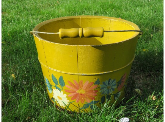 Painted Floral Yellow Wooden Bucket With Handle