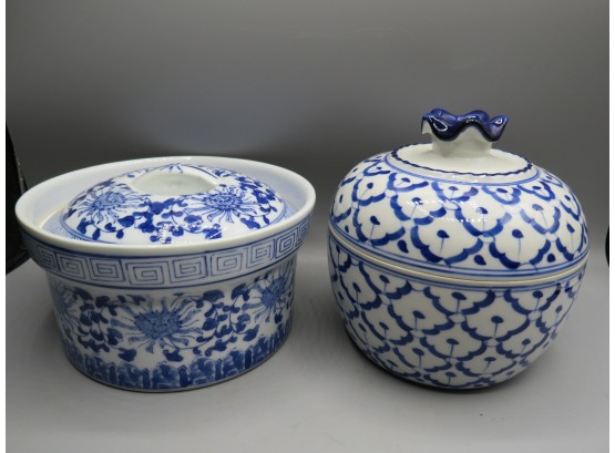 Blue & White Asian Ceramic Bowls With Lids - Lot Of 2