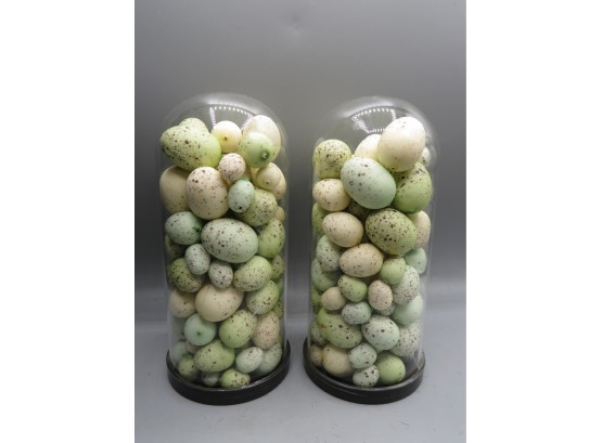 Plastic Spotted Eggs In Glass Dome - Set Of 2