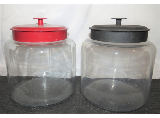 Glass Canisters With Red & Black Lids - Lot Of 2