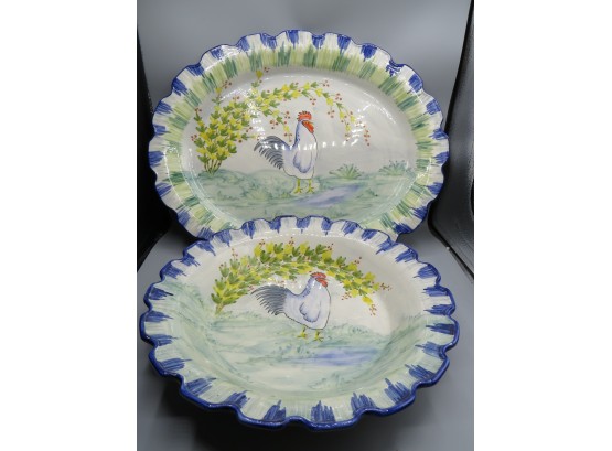Hand Painted In Portugal For C.e. Corey-  Rooster Bowl & Platter - Lot Of 2