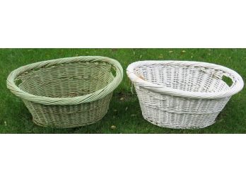 Green & White Handled Wicker Baskets - Lot Of 2