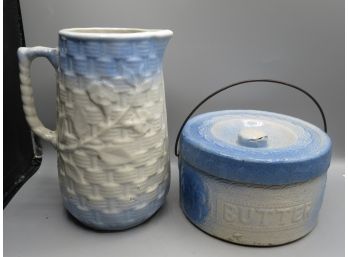 Blue Stoneware 'butter' Canister With Lid, Handle  & Pitcher - Lot Of 2